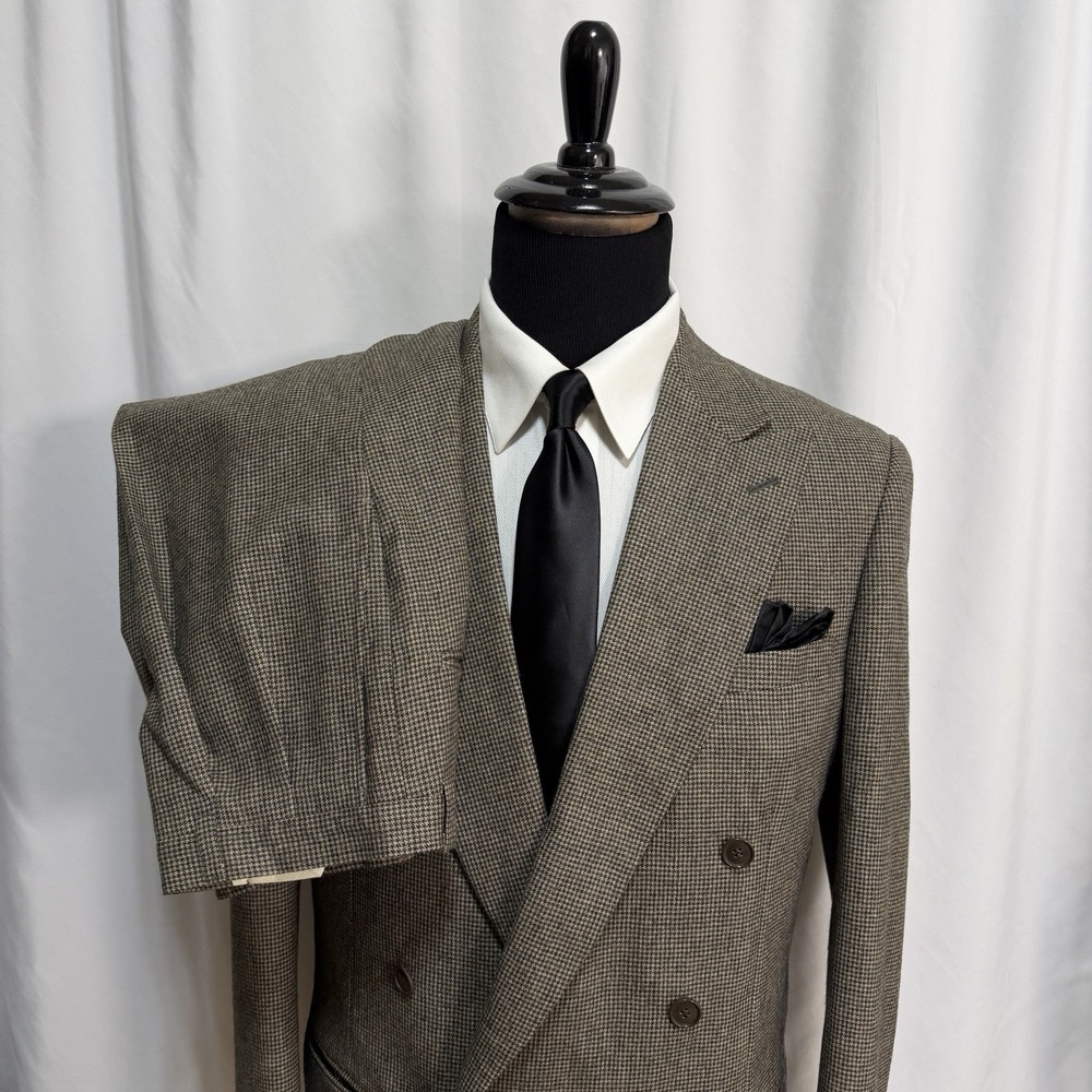 Vtg Evan Picone Suit Double Breasted 40L 34x32 Brown Black Houndstooth Flannel